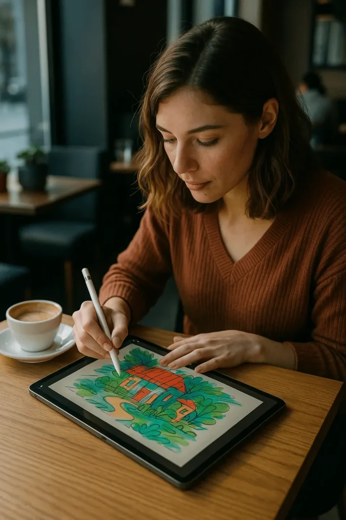 illustratrice qui utilise une tablette graphique